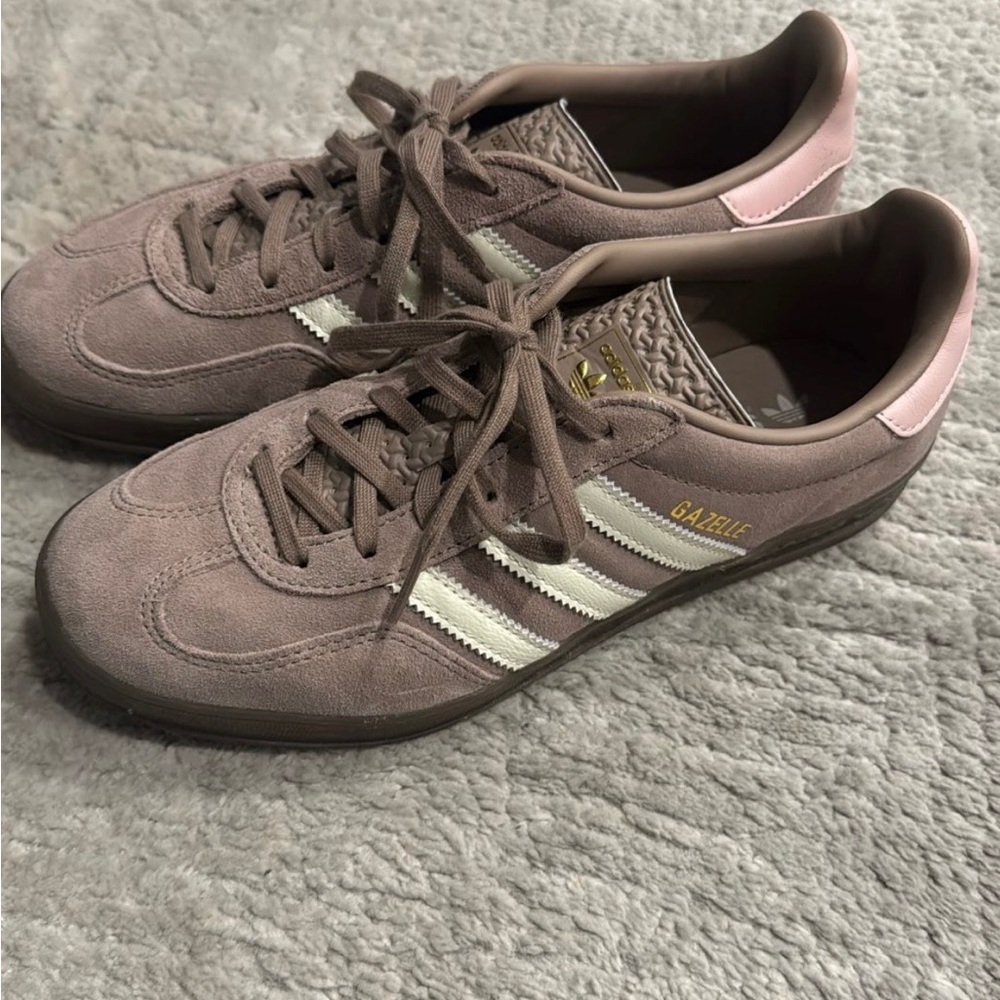 Adidas Gazelle Taupe Sneakers with White and Pink Accents